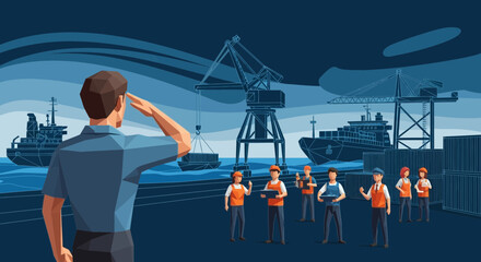 Dedicated port authority supervising cargo operations with a team of dockworkers