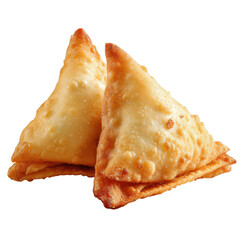 Two golden, crispy samosas stack together, showcasing their flaky texture at a bustling market