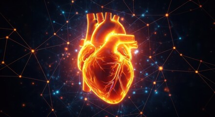 Glowing human heart with digital network connections