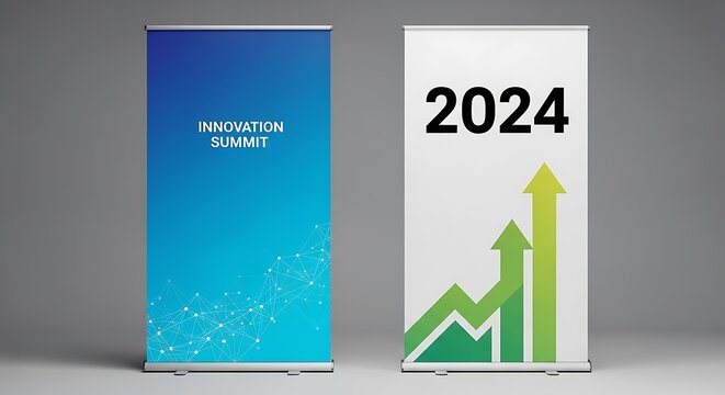 Innovation Summit Banner with 2024 Growth Arrow, Modern Design, and Blue Gradient - Powered by Adobe