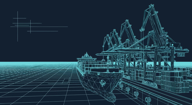 Digitally rendered shipping port with cargo ship and cranes in wireframe style