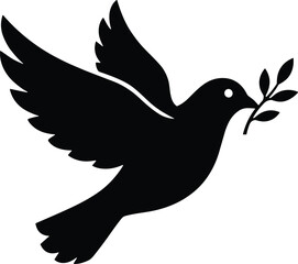 Obraz premium vector silhouette, dove with olive branch, side view, solid black