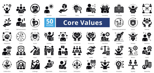 Core Values glyph style contains 50 icons including adaptability, power, humor, learning, happiness, compassion, acceptance, hard work, creativity simple vector 