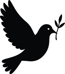 vector silhouette, dove with olive branch, side view, solid black