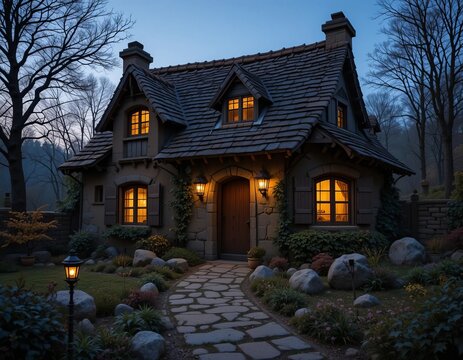 Cozy storybook cottage with warm glowing windows at twilight, nestled among trees and rocks.