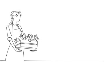 Charming continuous line drawing of woman carrying crate of plants, representing gardening, physical exercise, and lifestyle balance in a health and nature concept for National Gardening Exercise Day.