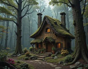 Fototapeta premium Enchanting moss-covered cottage nestled deep within a misty, ancient forest