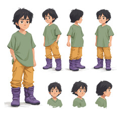 A young boy stands confidently in casual attire, featuring a green shirt and yellow pants. His purple boots add a playful touch to his overall look.