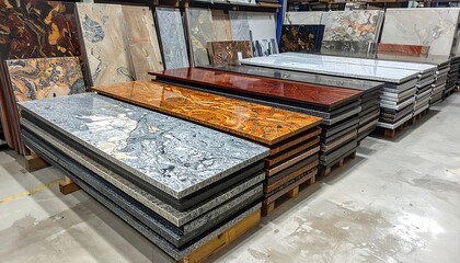 Stacked slabs of various granite countertops, displaying a wide array of colors and patterns in a large warehouse setting.