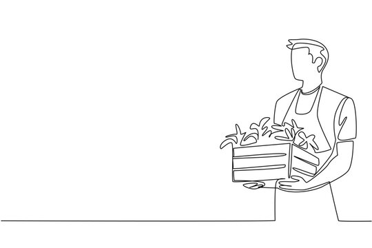 Elegant one line drawing of man carrying crate filled with plants, symbolizing gardening exercise, nature care, and wellness in a lifestyle and health concept for National Gardening Exercise Day.