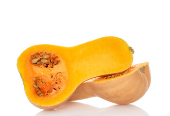 Ripe sweet pumpkins isolated on white background, close-up.