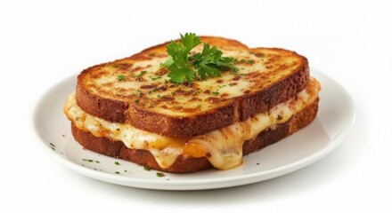 Golden brown grilled cheese sandwich with melted cheese and garnish