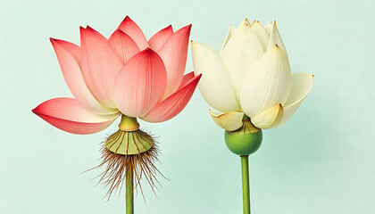 Pink and White Lotus Flowers Blooming on Stems in Soft Light