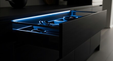 Modern Kitchen Drawer with Subtle Blue LED Lighting