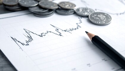 A financial chart, showing a fluctuating trend line, sits atop a document amidst a collection of coins, suggesting market volatility.