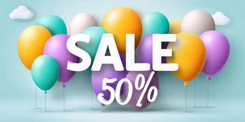 Colorful cartoon style sale design with balloons and 50 percent discount text for promotions and advertisements