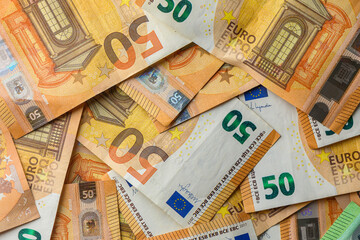 Close-Up of 50 Euro Banknotes finance, economy,