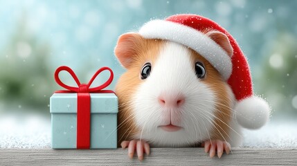 Adorable christmas guinea pig wearing santa hat holding gift box for festive holiday celebration design