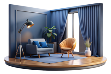 A stylish and minimalist living room with a rich dark blue wall, a comfortable tan leather armchair, and ample copy space- 3D rendering