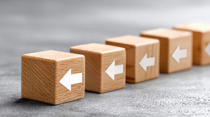 Disruption and innovation concept with wooden blocks arrows in opposite directions reflecting thinking differently