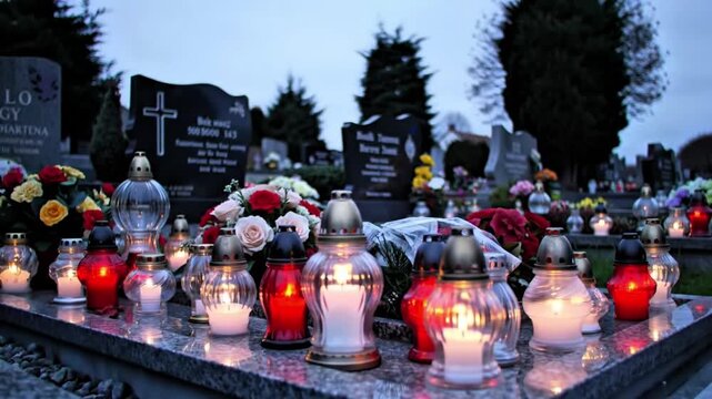 Family grave decorated with fresh flowers and glowing candles with a loving and reflective mood during All Saints’ Day evening with copy space - Powered by Adobe