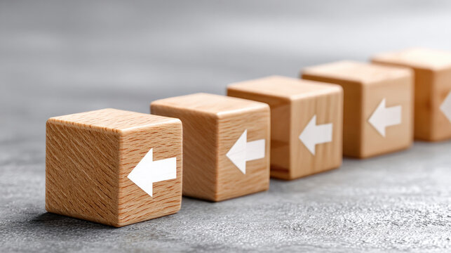 Disruption and innovation concept with wooden blocks arrows in opposite directions reflecting thinking differently