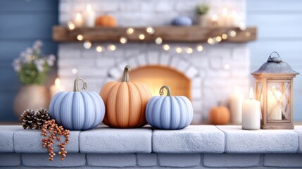 Cozy halloween fireplace scene with pumpkins and candles for autumn holiday decor