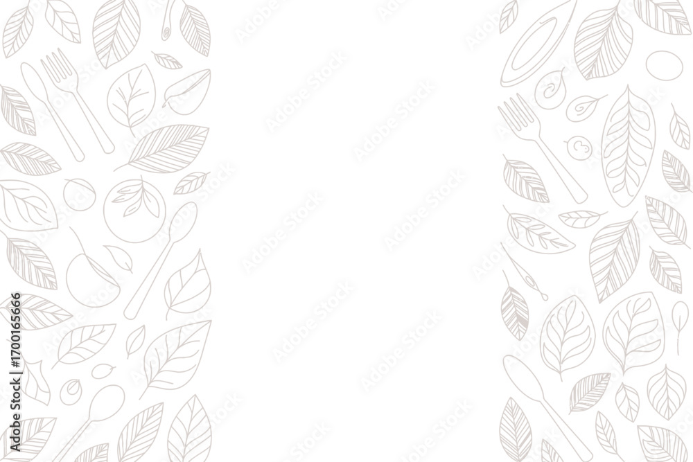 Aufkleber a white background with leaf and utensil outlines arranged vertically on either side of the frame