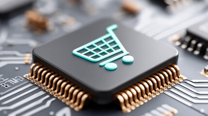 E-commerce innovation concept with glowing shopping cart icon on modern microchip design for digital retail technology