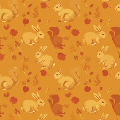 Autumn wildlife pattern featuring rabbits, squirrels, and leaves in warm tones, patern seamless, Stock royalty image.