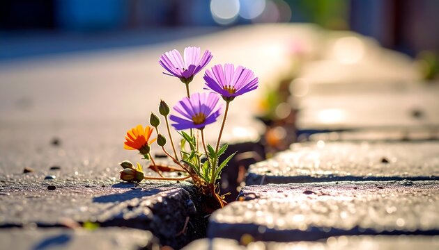 A symbol of hope and strength as beautiful wildflowers bloom from a crack in the city sidewalk, representing perseverance and new life