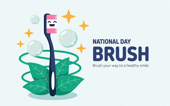 national day brush illustration with cute toothbrush character mint leaves bubbles dental hygiene smile