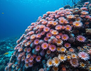 Obraz premium Vibrant coral reef teeming with delicate pink sea anemones in clear blue ocean water