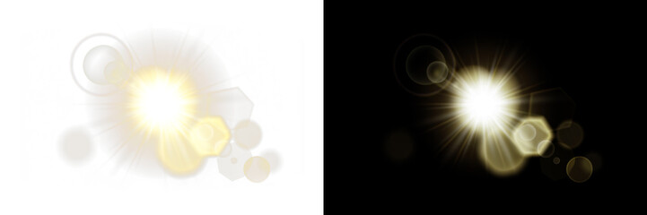 This light flare effect features sun rays in PNG overlay with bokeh elements on a transparent background © POLINA