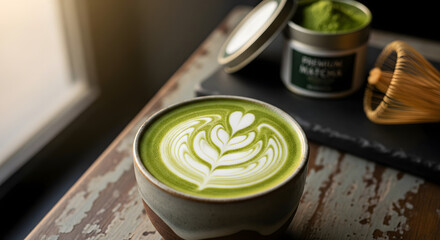 Artisanal matcha green tea latte in a ceramic cup with delicate foam art, accompanied by a traditional bamboo whisk and powder