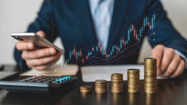 Financial Analysis: A finance professional meticulously studies market trends, with a smartphone and stacks of coins.