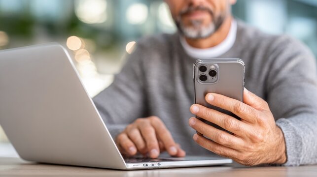 Efficient multitasking concept with man using laptop and smartphone for digital work environment and productivity