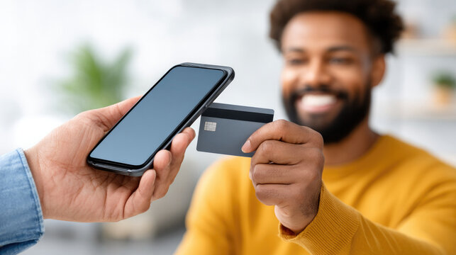 Mobile payment process at point of sale with customer using smartphone and credit card for contactless transaction in retail environment