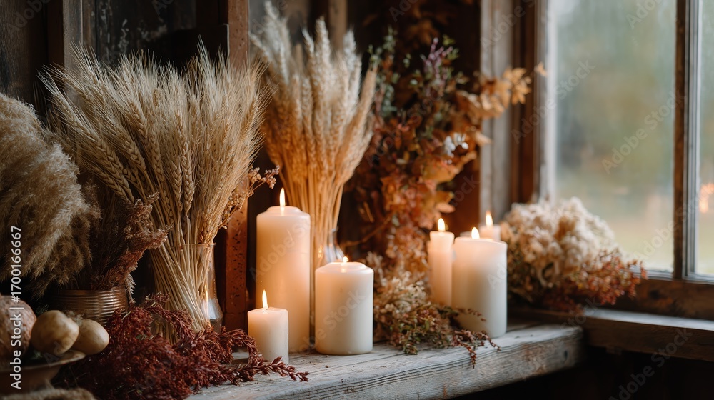 Poster Warm and cozy candle display with dried flowers by a window in a rustic setting