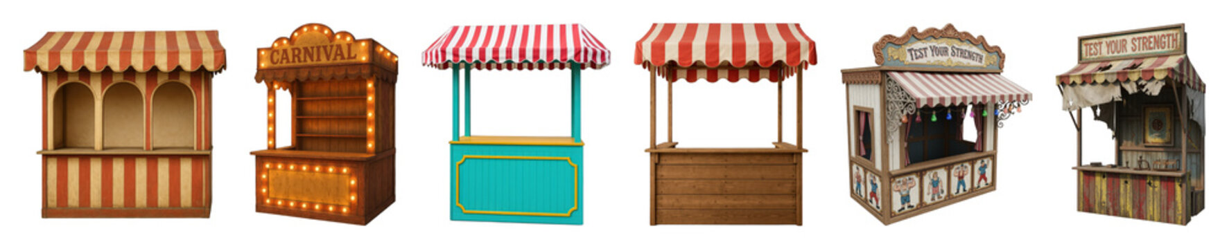 Carnival stall set including vintage game booths, strength test attractions, and concession stands isolated. Funfair and festival collection.
