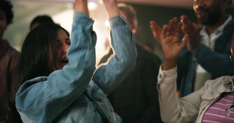 Happy people, fans or applause with crowd, celebration or high five for community or success. Excited group, friends or audience with cheerful clapping for victory, streaming entertainment or support