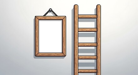 Pixelated Wooden Ladder and Empty Frame Hanging on White Wall