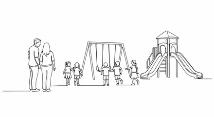 Obraz premium Line drawing of a family with two adults watching several children playing on swings and a slide in a playground, depicting a scene of outdoor leisure.