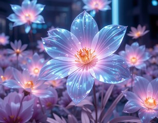 Fototapeta premium Ethereal glowing flowers bloom in a magical, dreamy garden at twilight.