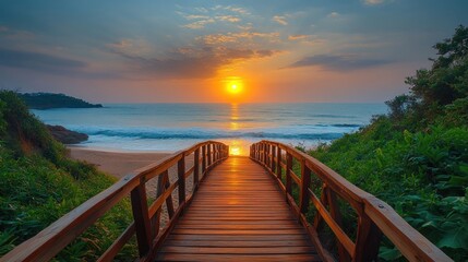 Obraz premium Sunrise over wooden beach path