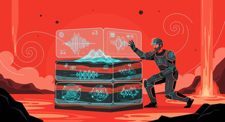 Futuristic geologist in a volcanic environment analyzing seismic data on a holographic interface