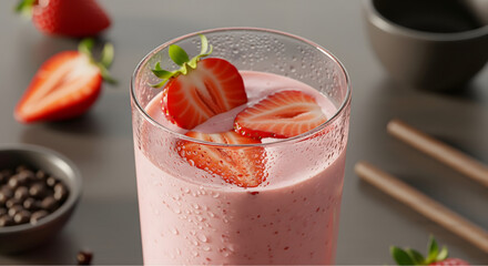 A refreshing homemade strawberry smoothie in a glass, garnished with fresh fruit slices. A healthy and delicious breakfast beverage concept