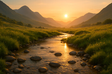 "Golden sunset over flowing stream surrounded by green valley and mountains creating peaceful natural landscape"
