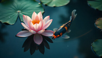 Koi Fish Swimming Near Pink Water Lily Flower in Dark Pond