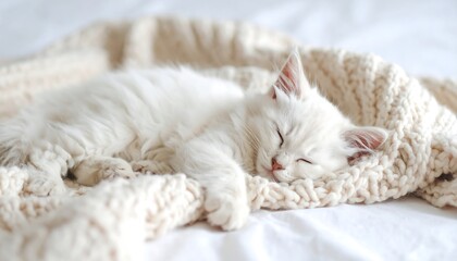 Fluffy white kitten sleeping soundly
